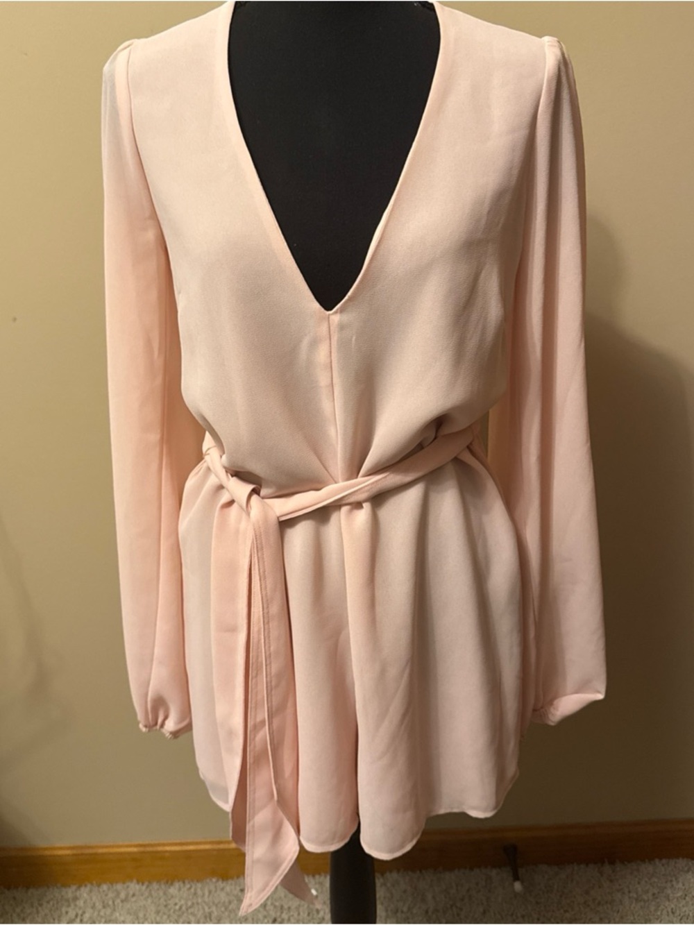 Reformation Light Blush V-Neck Tie-Waist Long Sleeve Romper